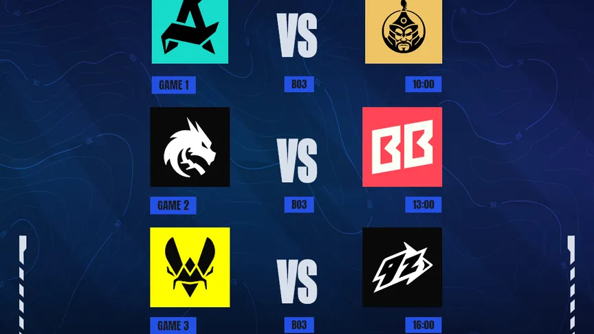 PGL's Stream A schedule for Group Stage Day 1 of PGL Masters Bucharest 2026, four best-of-three matches from 10:00 to 19:00