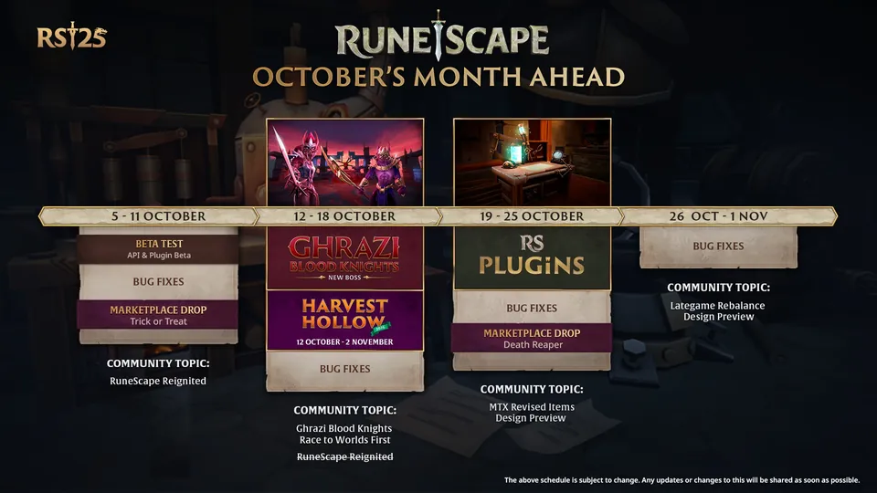 RuneScape October schedule with Ghrazi Blood Knights, Harvest Hollow and plugins, and RuneScape Reignited crossed out as a community topic