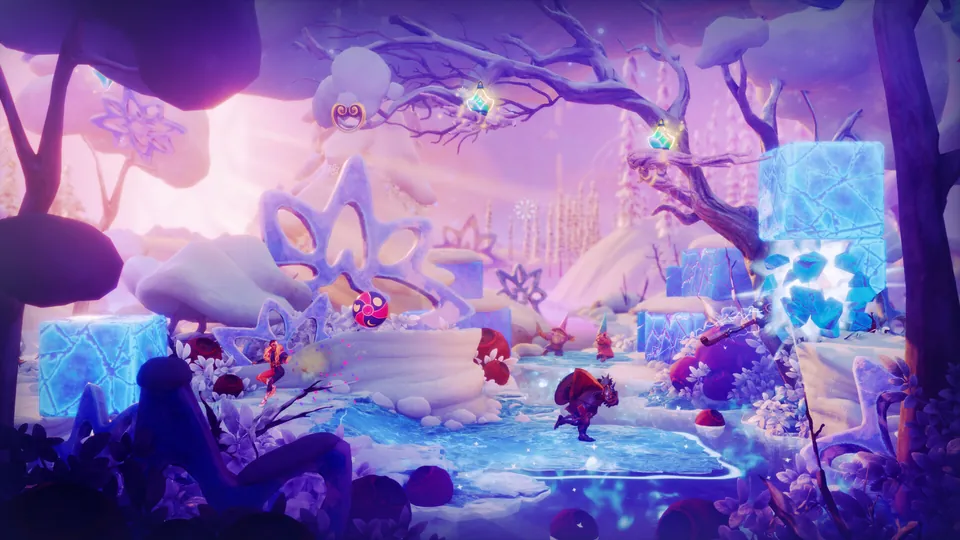 A frosty purple level with ice blocks and glowing flowers in Trine 6: Together in Time