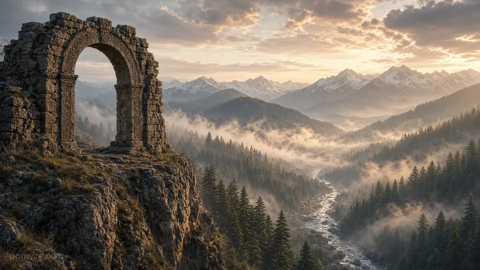 Illustration: an ancient stone archway on a cliff above a misty mountain valley