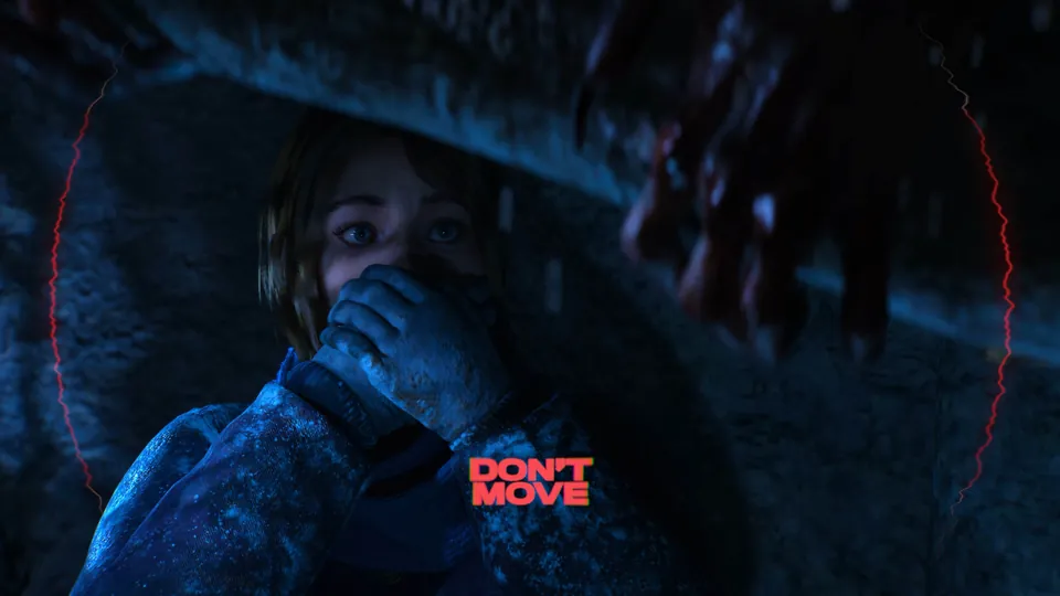 A frightened woman hides with a hand over the mouth under a Don't Move prompt in Until Dawn 2