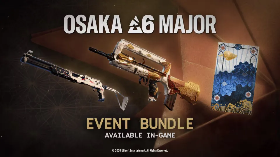 Osaka Major event bundle in Rainbow Six Siege with two weapon skins and a blue wave card