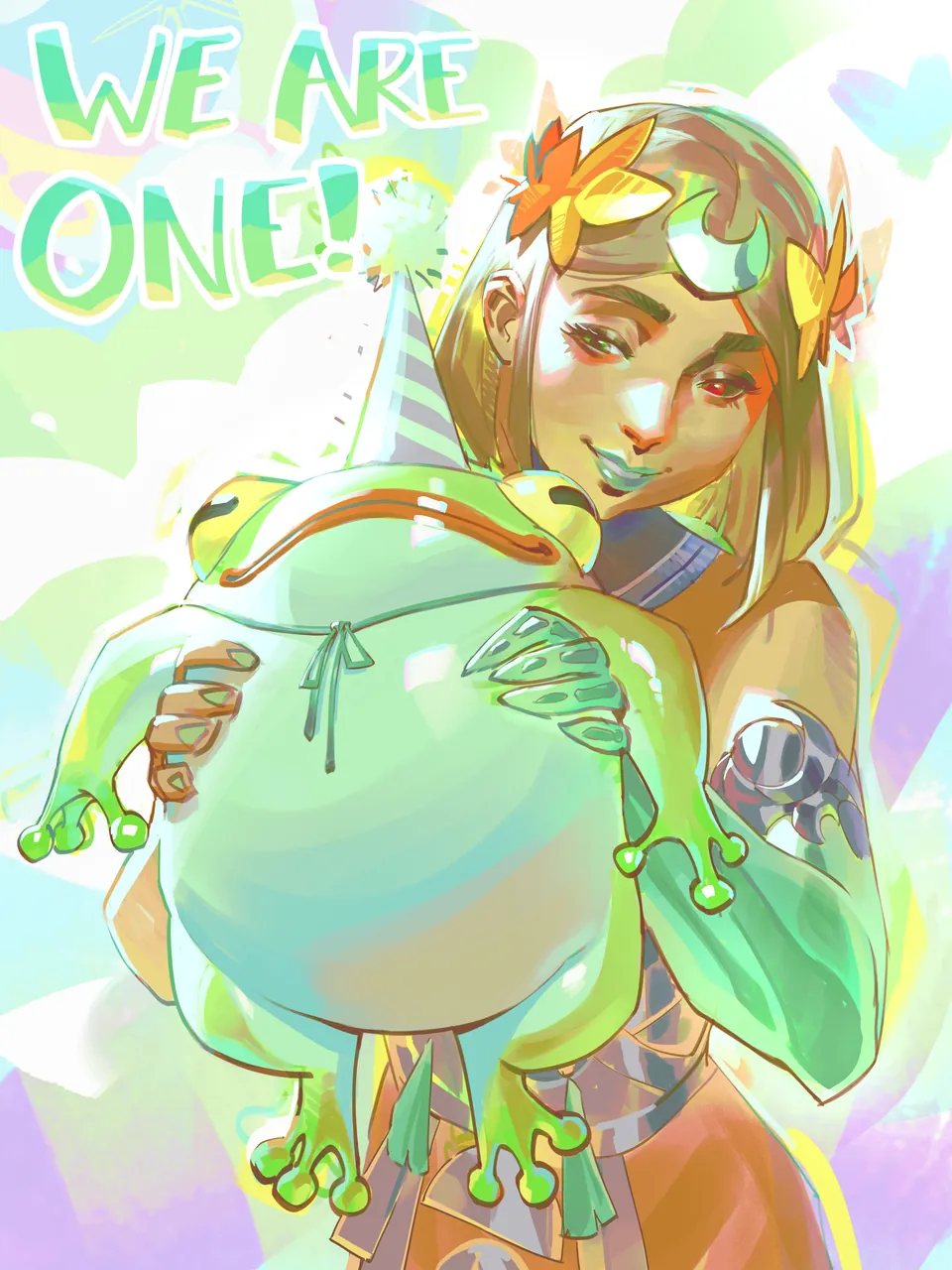 Melinoë in a flower crown hugs Frinos the frog under the words WE ARE ONE!