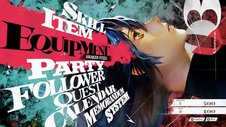 The game's menu lists Skill, Item, Equipment and Party beside a close-up of the blue-haired lead