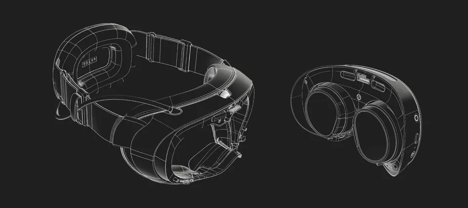 A white line drawing of the Steam Frame headset and its front module