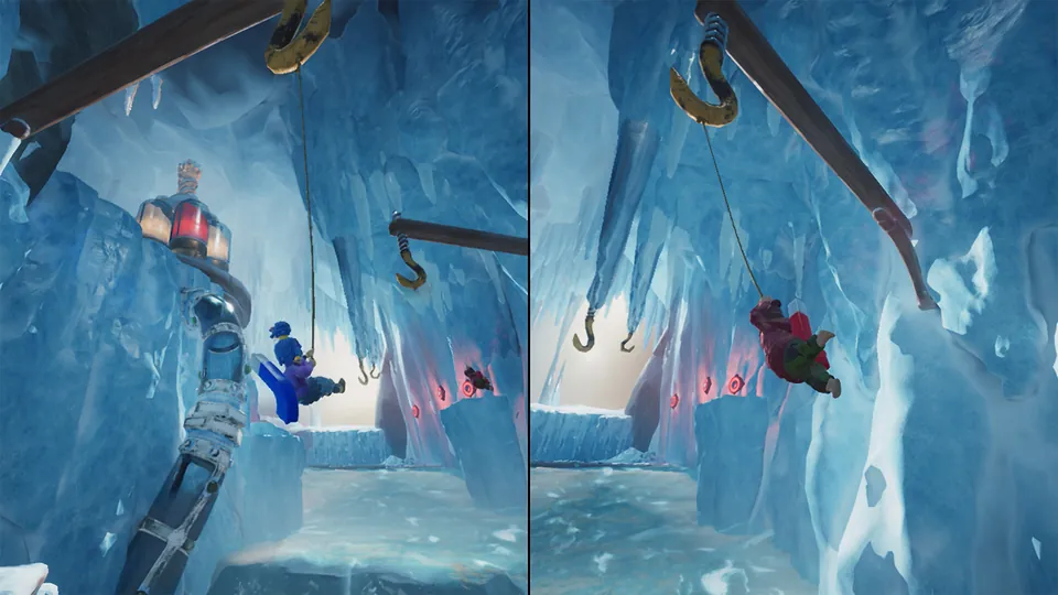 Cody and May swing from hooks through a frozen ice cave on a split screen in It Takes Two on Nintendo Switch 2