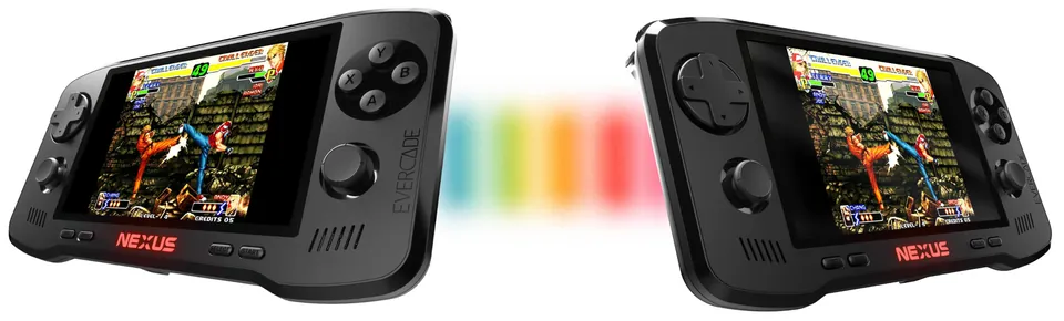 Two Evercade Nexus consoles show the same two-player fighting game, joined by a rainbow-colored wireless signal