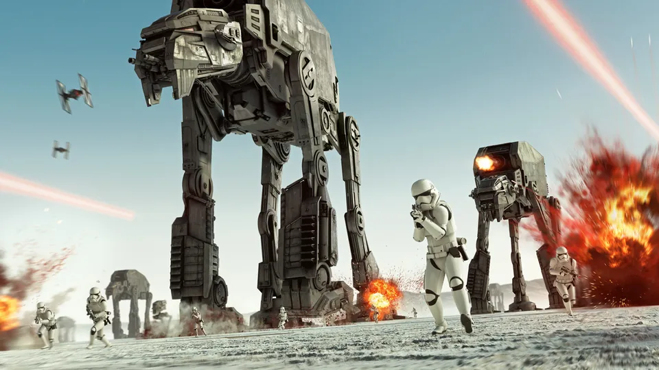Stormtroopers charge across a snowy battlefield as two AT-AT walkers fire overhead in Star Wars Battlefront II