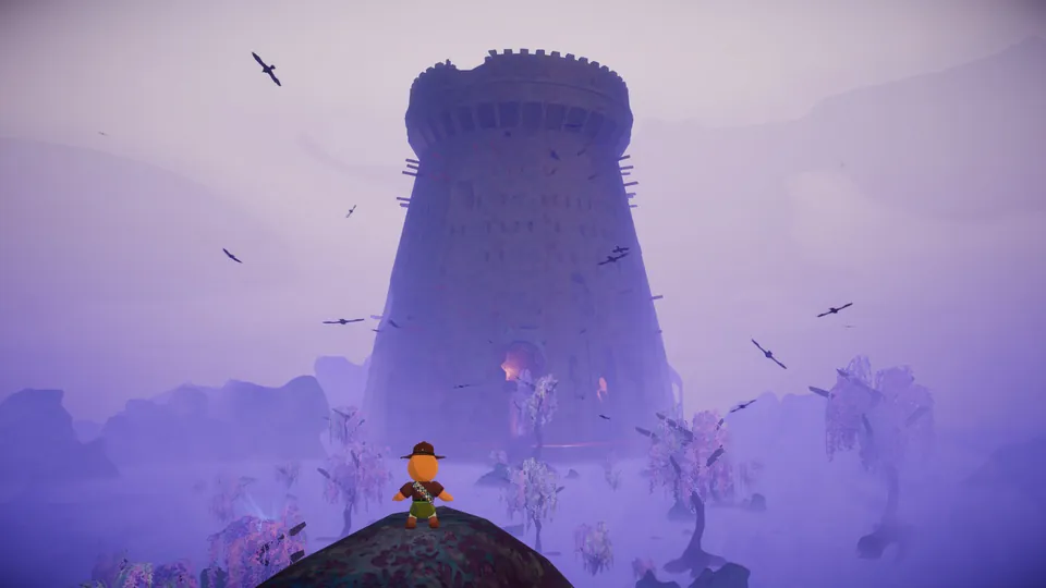 A lone scout stands on a hill in purple fog facing a huge stone tower circled by birds