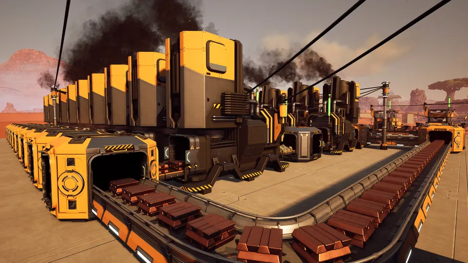 A row of smoking smelters sends copper ingots down a conveyor belt at sunset in Satisfactory