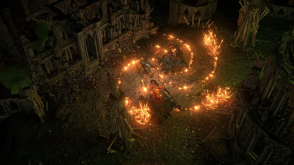 A spiral of fire erupts around fighters in overgrown stone ruins in Path of Exile 2