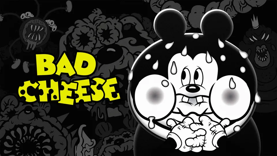 Bad Cheese key art: a frightened cartoon mouse in black-and-white 1920s animation style next to the yellow game logo