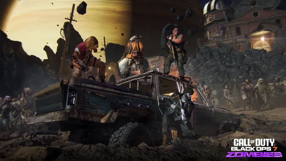 The Zombies crew fighting off a horde from a pickup truck near the observatory in Astra Malorum
