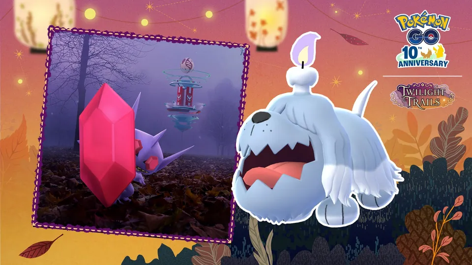 Pokémon GO Halloween 2026 Part II art with Mega Sableye's red gem and a candle-topped Greavard