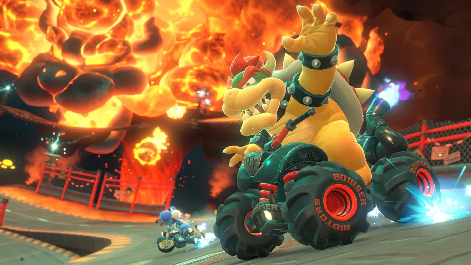 Bowser rides a monster-truck kart through flames and explosions at Bowser's Castle in Mario Kart World