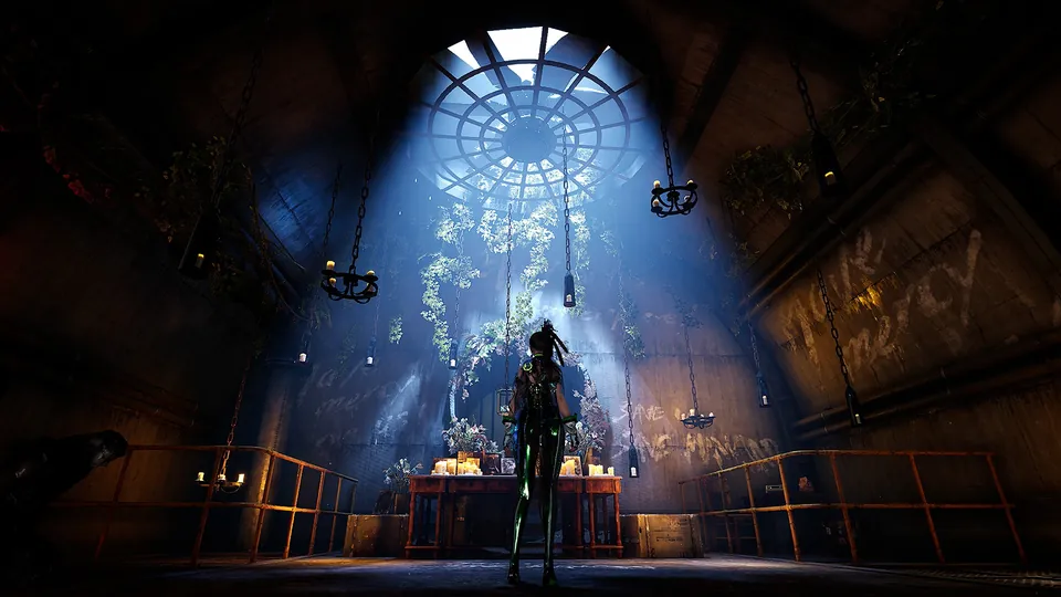 EVE stands in a dark hall under a domed window with light streaming in, in Stellar Blade