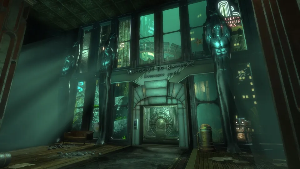The art deco Welcome to Rapture lobby with tall statues and a round vault door in BioShock Remastered