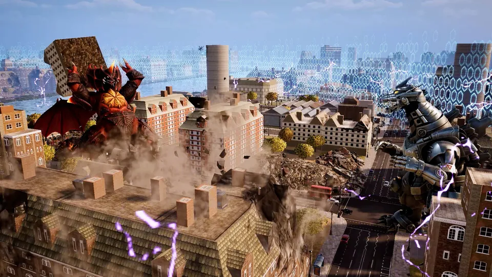 A winged red kaiju lifts a building above a smoking city as a silver robot kaiju stands nearby in Godzilla: Destroy All Monsters Melee Remastered