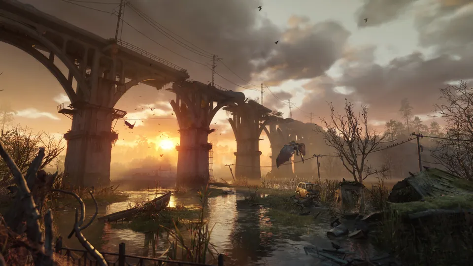 The ruins of a stone bridge over flooded ground at sunset in Metro 2039