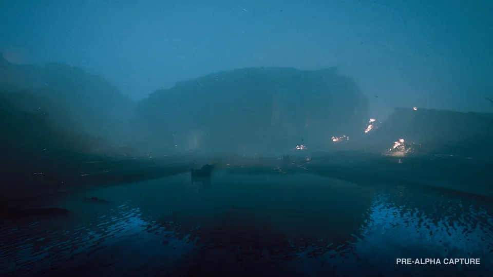 Stormy blue mist hangs over a flooded, muddy plain with scattered fires and cliffs in the distance