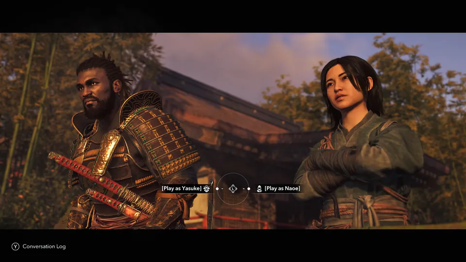 Yasuke and Naoe stand side by side as the game asks which of the two to play