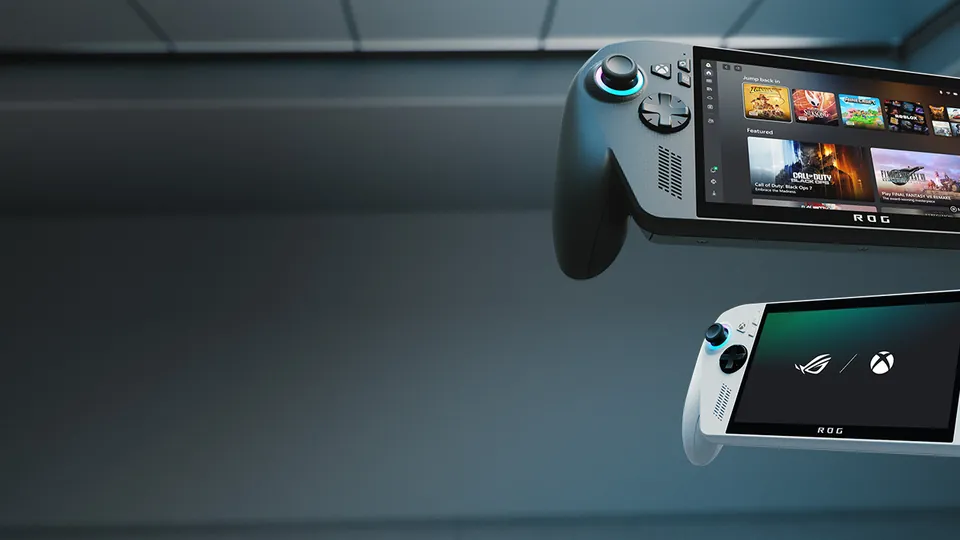 Black and white ROG Xbox Ally handhelds, which can stream games through Xbox Cloud Gaming