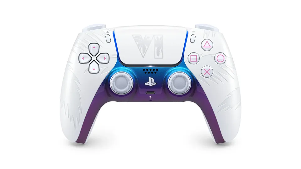 The white GTA VI limited-edition DualSense controller from the front, with blue and purple accents around the sticks
