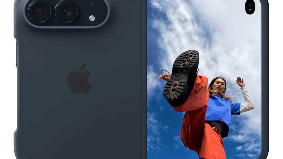 An open iPhone Duo in the navy blue iPhone Duo Case, the back half with cameras beside the inner screen showing a photo