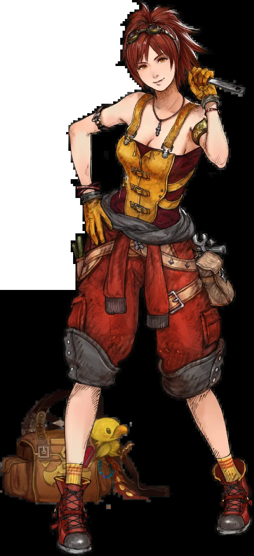 Official art of Lid, the airship engineer in Final Fantasy Resonance, holding a wrench next to the small mechanical chocobo Mechabo