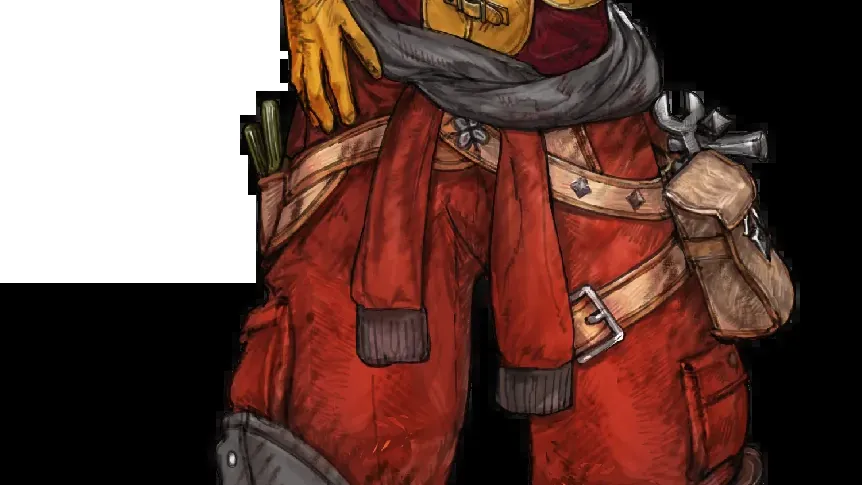 Official art of Lid, the airship engineer in Final Fantasy Resonance, holding a wrench next to the small mechanical chocobo Mechabo
