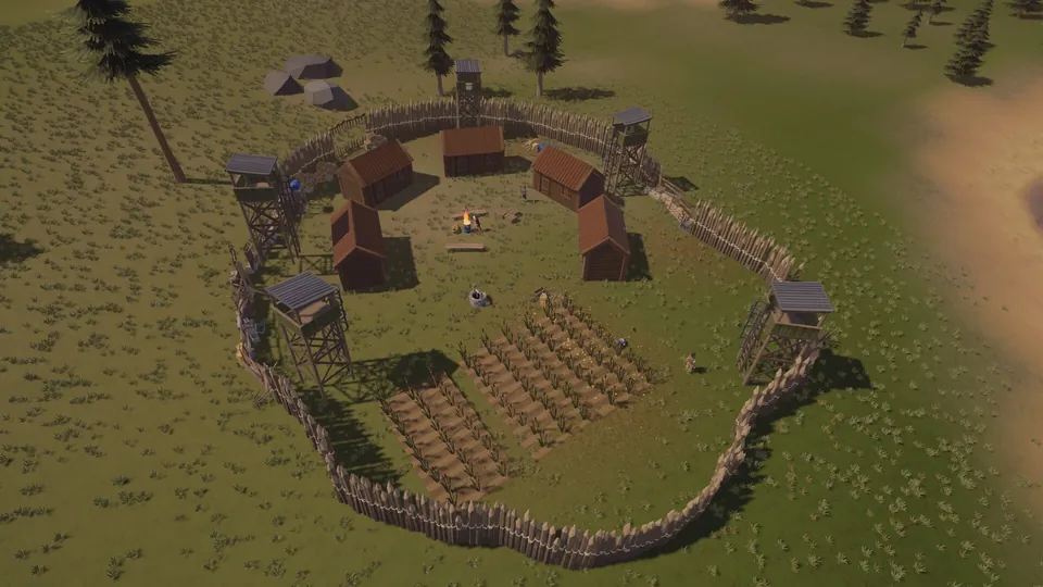 A survivor base with wooden walls, watchtowers and crop fields in an open field in Walkers