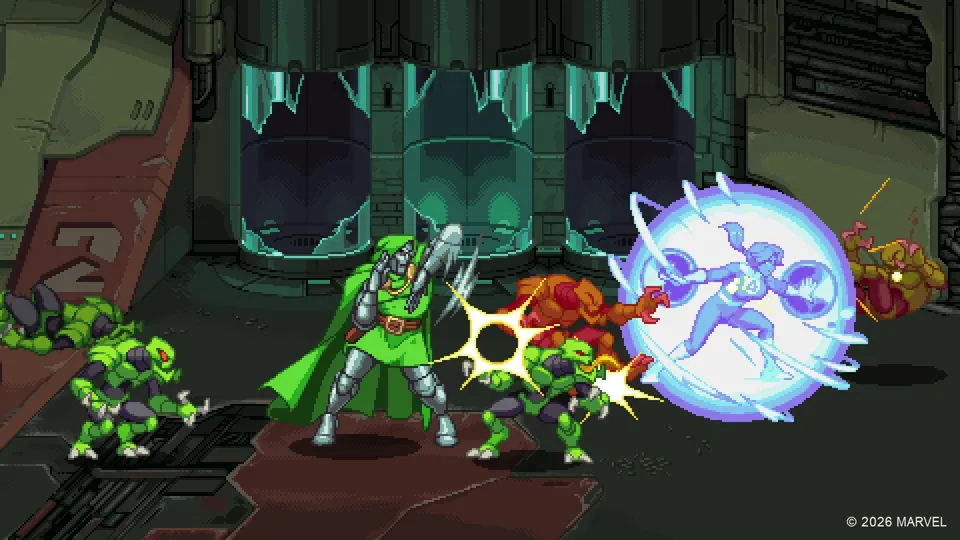 In a dark lab with glass tanks, Doctor Doom fights green and red insect-like enemies as the Invisible Woman charges inside a force-field orb
