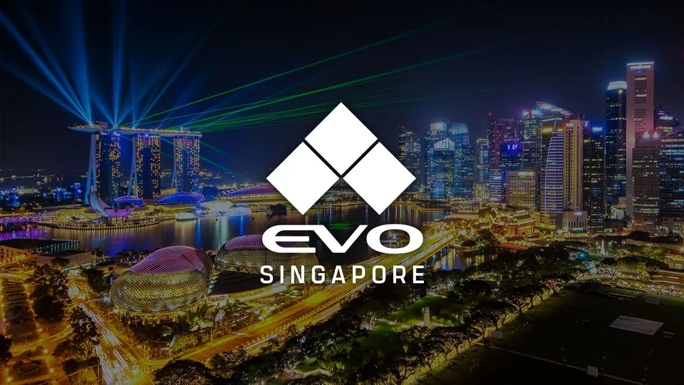 Evo Singapore logo over Marina Bay at night with a laser show