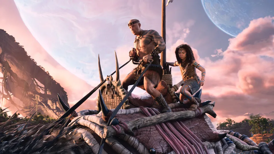 Santiago and Meeka ride on the back of a spiked creature under a giant planet in ARK 2
