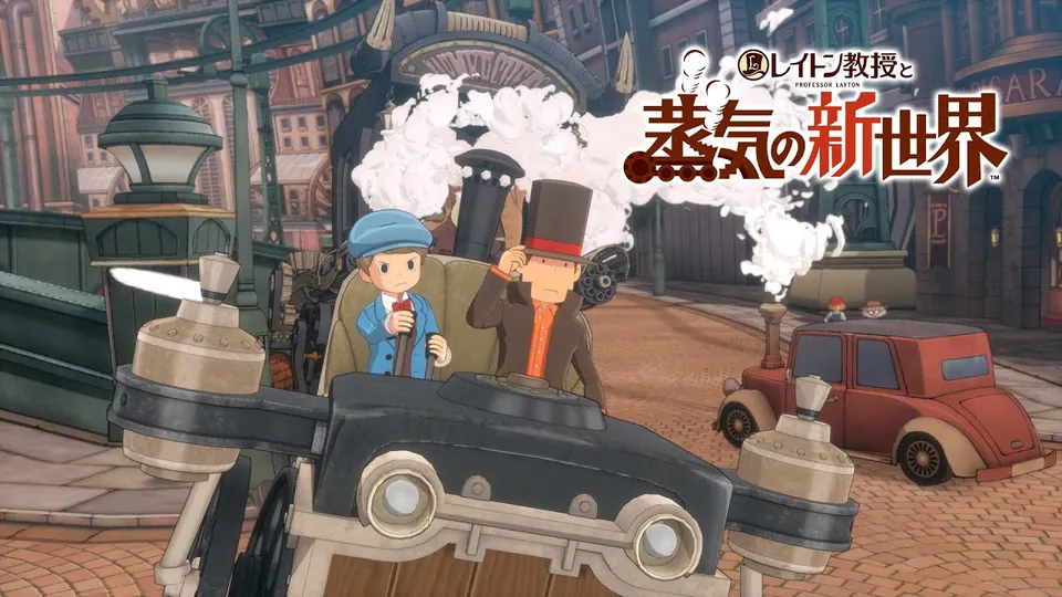 Luke and Layton ride a steam-powered vehicle puffing white smoke down a Steam Bison street