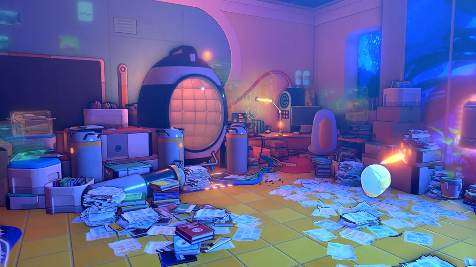 A messy lab with papers on the floor and a round capsule door