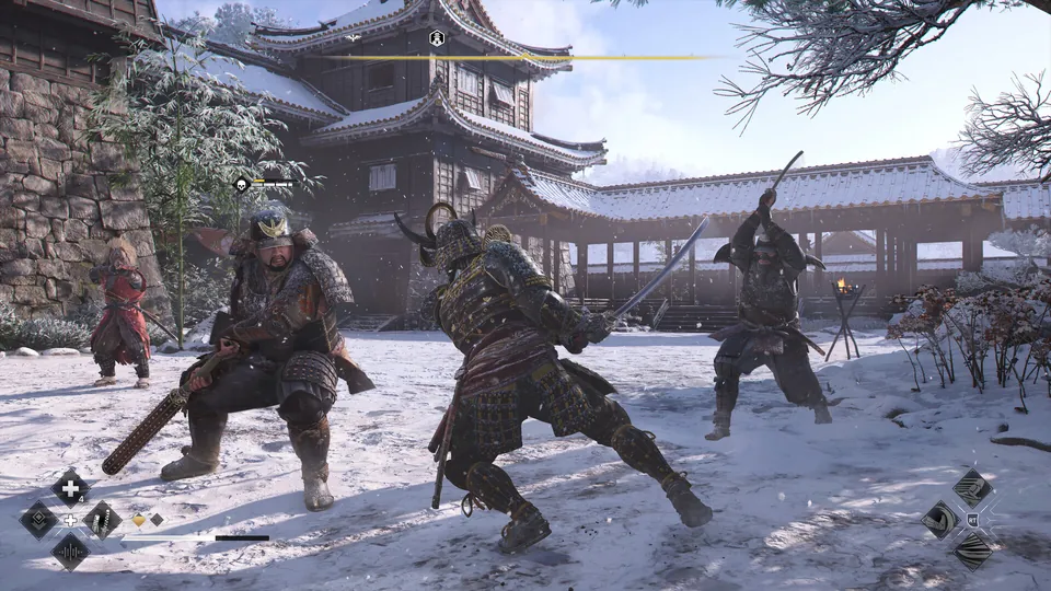 A samurai fights two armored enemies in the snow outside a Japanese castle in Assassin's Creed Shadows