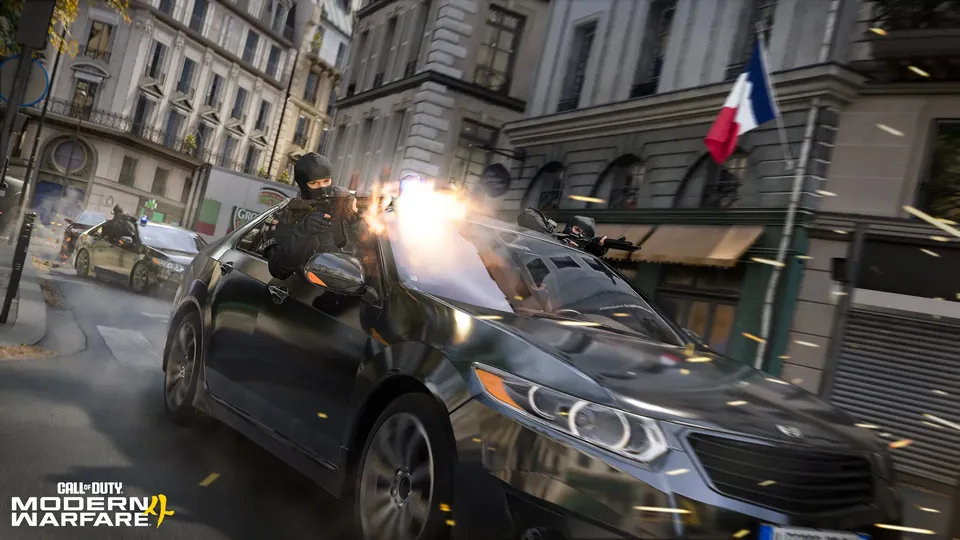 A car crashes through a European street during a firefight