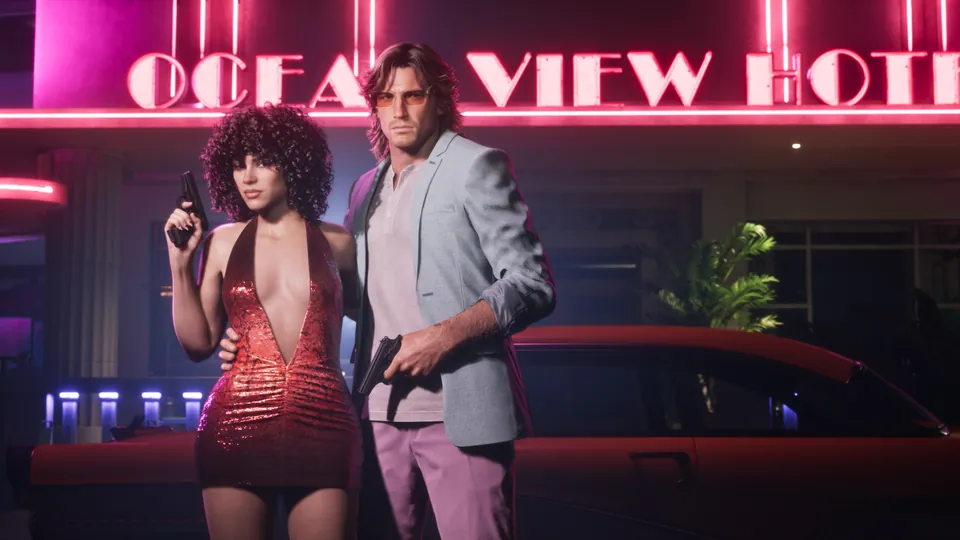 A couple in 1980s-style outfits in front of a neon hotel sign — the Vintage Vice City Pack