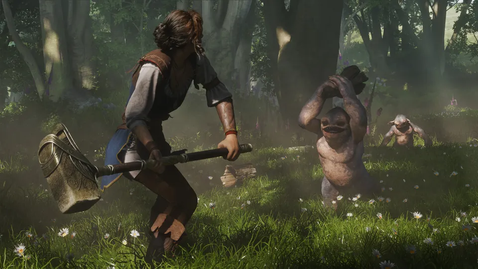 A Fable hero swings a hammer at a small troll in a sunny forest clearing