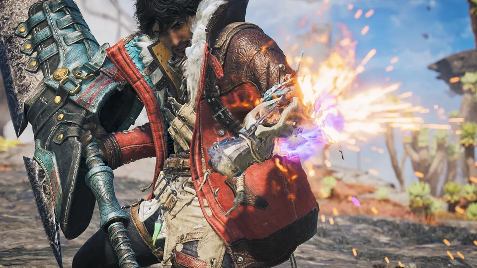 A hunter fires a glowing attack from a gauntlet on one arm in Monster Hunter Wilds: Ascendance