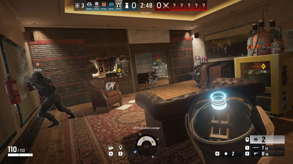 A Rainbow Six Siege operator holds a glowing gadget in an executive lounge while another moves along the wall