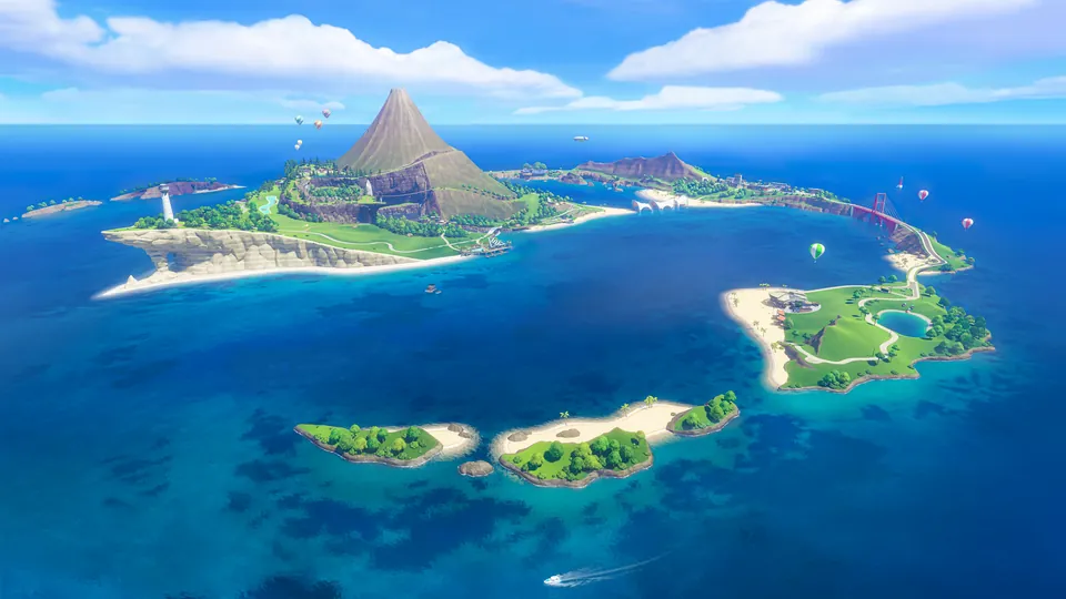 The resort island seen from above, with a volcano at its center