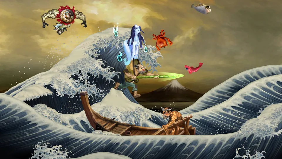 A warrior carrying a blue spirit leaps from a boat over huge woodblock-style waves, with Mount Fuji behind, in Muramasa: Revenant Blades
