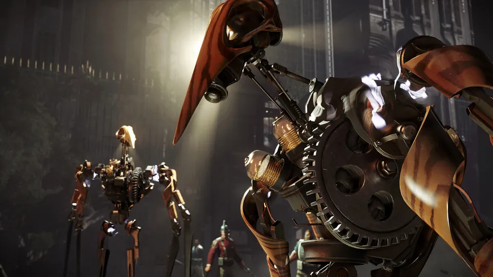 Tall brass Clockwork Soldiers with blade arms stalk through a dim hall in Dishonored 2