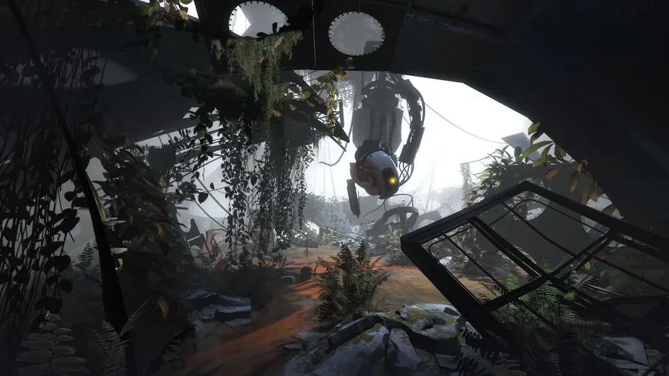 GLaDOS hangs from the ceiling of an overgrown, ruined test chamber in Portal 2