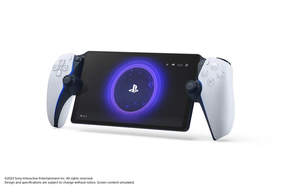 PlayStation Portal at an angle with the PlayStation logo on its 8-inch screen