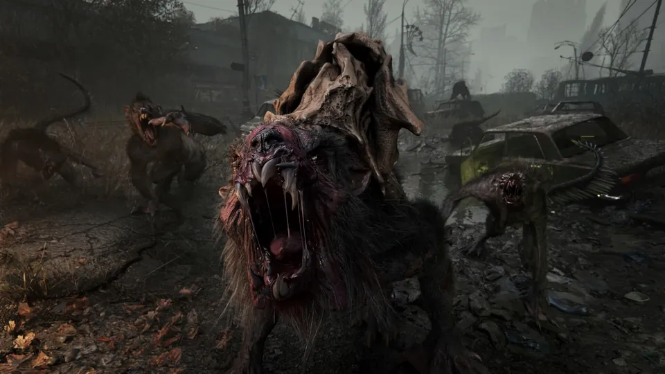 Mutated beasts charge through a ruined, foggy street in Metro 2039