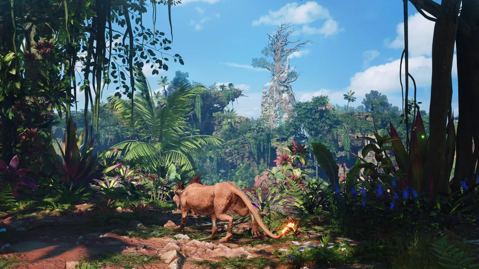 Red XIII walks along a path in a sunny jungle full of giant plants in Final Fantasy VII Revelation