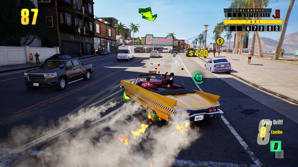 A yellow taxi drifts down a palm-lined city street, trailing smoke past other cars